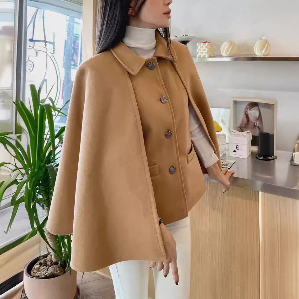 Damen Kurzer Wollmix-Cape-Mantel mit Hemdkragen und aufgesetzten Taschen Drune