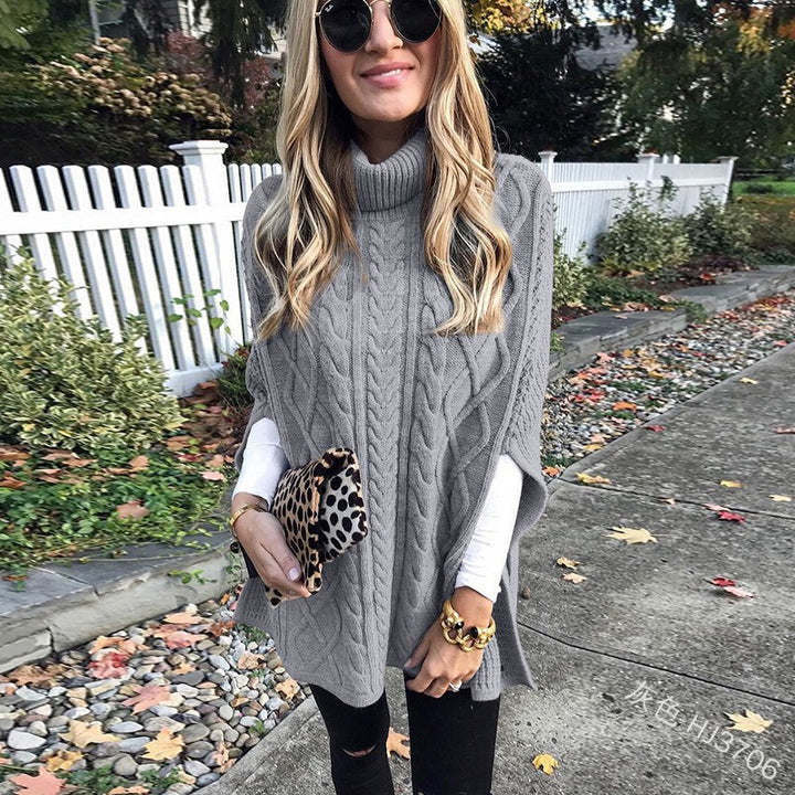 Damen Grobstrick-Poncho mit hohem Kragen und Zopf-Design Drune