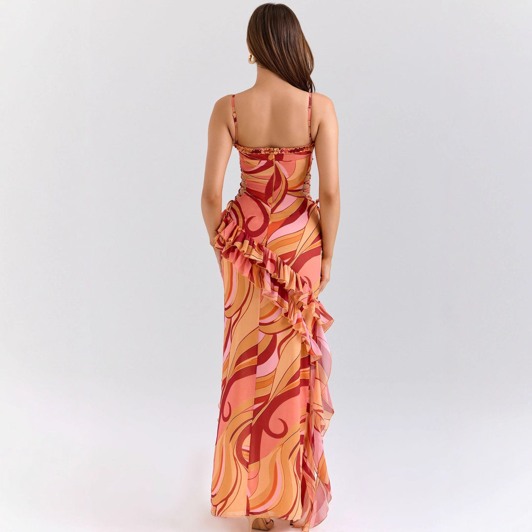 Damen Maxi-Kleid mit Rüschendetails und fließendem Muster Drune