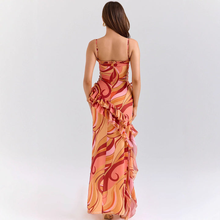 Damen Maxi-Kleid mit Rüschendetails und fließendem Muster Drune