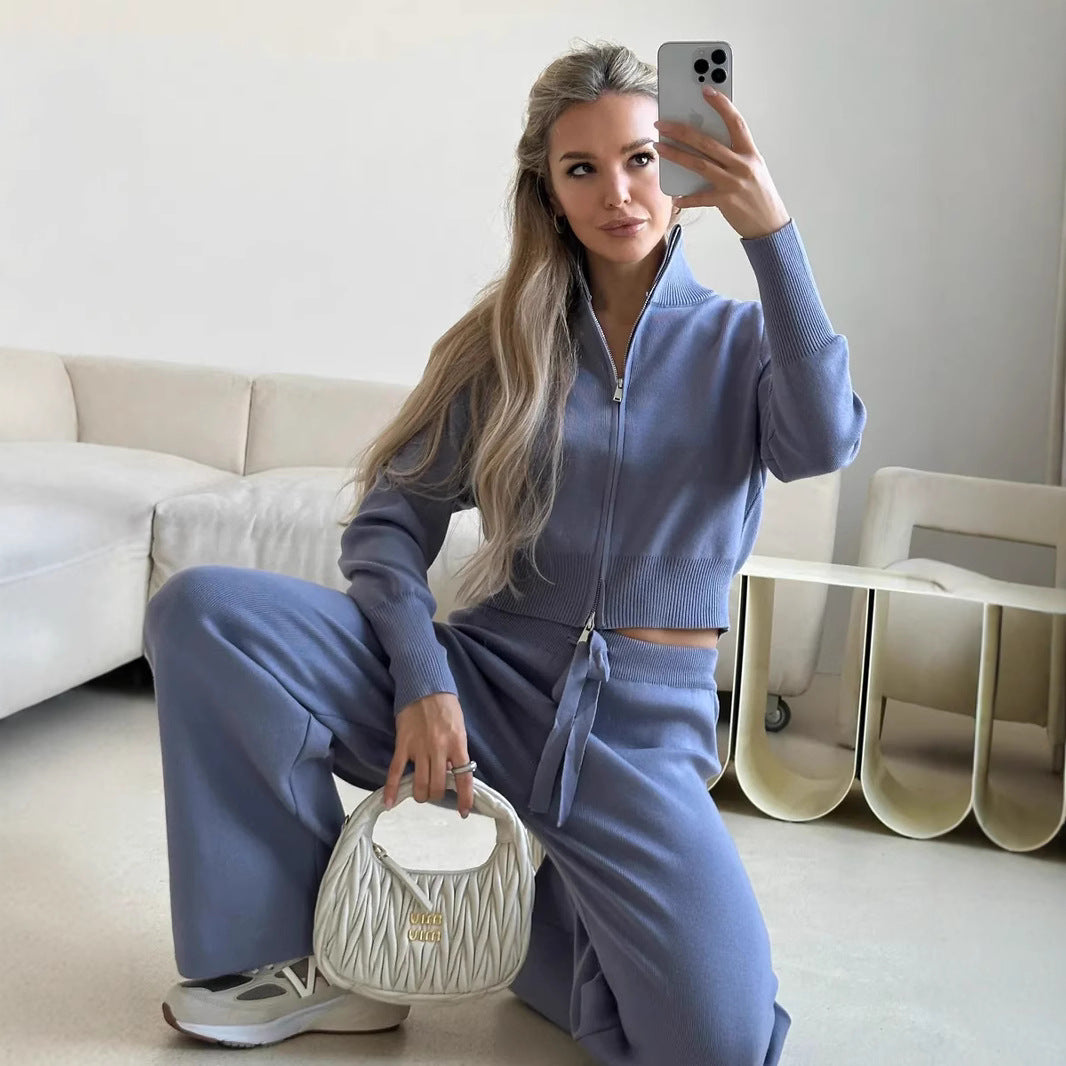 Damen gestricktes Lounge-Set mit kurzem Reißverschluss-Cardigan und weitem High-Waist-Jogginghose Drune