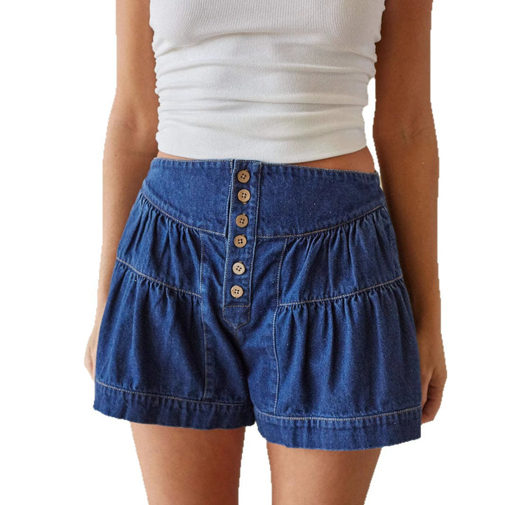 Damen Modische Denim-Shorts mit Rüschen und Knopfdetails Drune