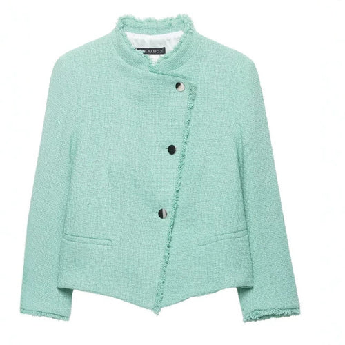 Damen Cropped Bouclé‑Jacke mit asymmetrischer Knopfleiste und Fransensaum Drune