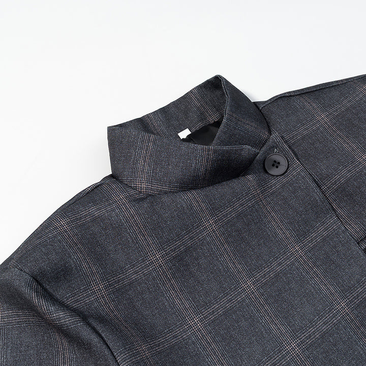 Herren nan asymmetrischer Stehkragenblazer mit Glencheckmuster, verdeckter Überlappungsfront und Pattentaschen Drune