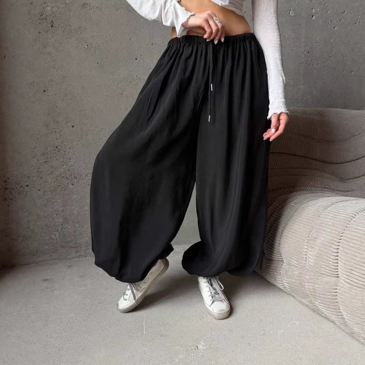 Damen weite Harem-Ballonhose mit hohem Elastikbund, Tunnelzug und lässiger Weite Drune