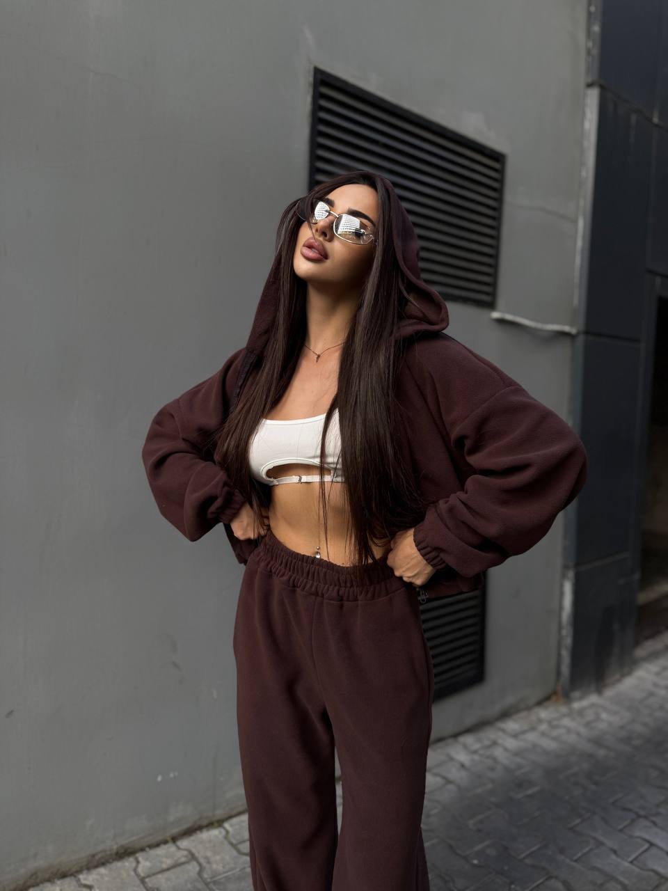 Damen kuscheliges Fleece-Crop-Top und weite Hose Set Drune