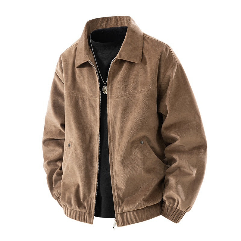 Herren leichte Harringtonjacke im Veloursleder‑Look mit Hemdkragen, durchgehendem Reißverschluss und elastischem Saum Drune