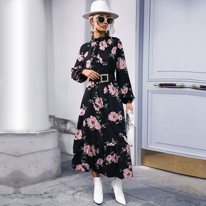 Damen Maxikleid mit Stehkragen, Blumenprint, Taillengürtel und Volantstufe Drune