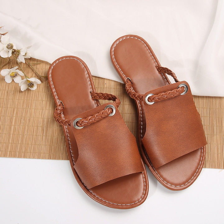 Damen nan elegante flache Pantolette mit breitem Obermaterial und geflochtenem Zehenriemen Drune