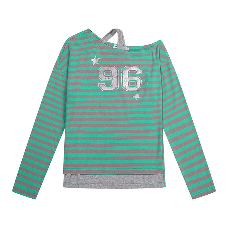 Damen Gestreiftes Langarmshirt mit asymmetrischem Ausschnitt, Lagenoptik und Metallic-Print Drune