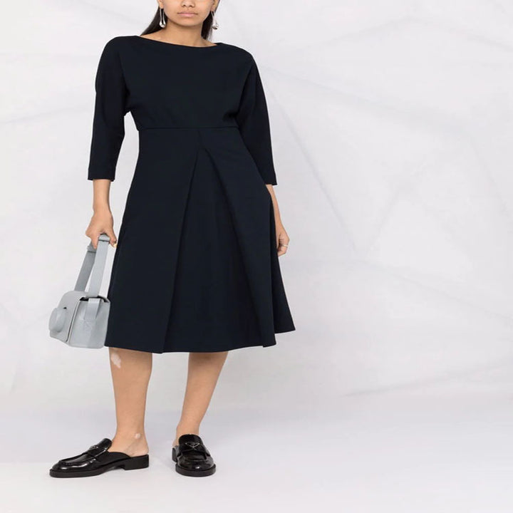 Damen Kleid mit 3/4-Ärmeln, Boot-Ausschnitt und tailliertem Faltenrock Drune