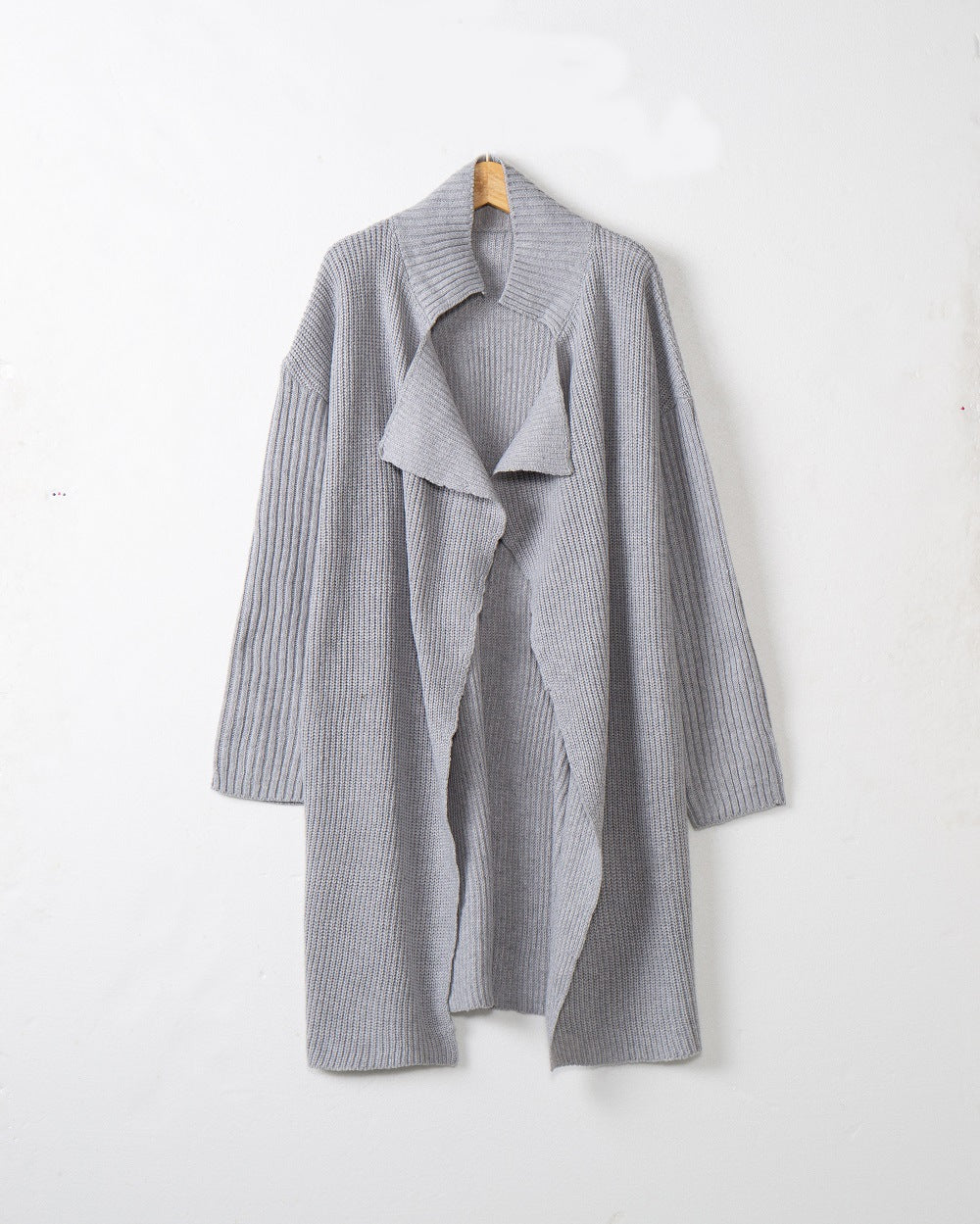 Damen langer offener Rippstrick-Cardigan mit weitem Schalkragen Drune