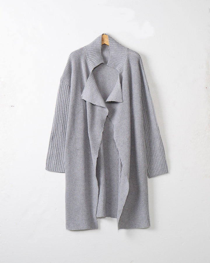 Damen langer offener Rippstrick-Cardigan mit weitem Schalkragen Drune