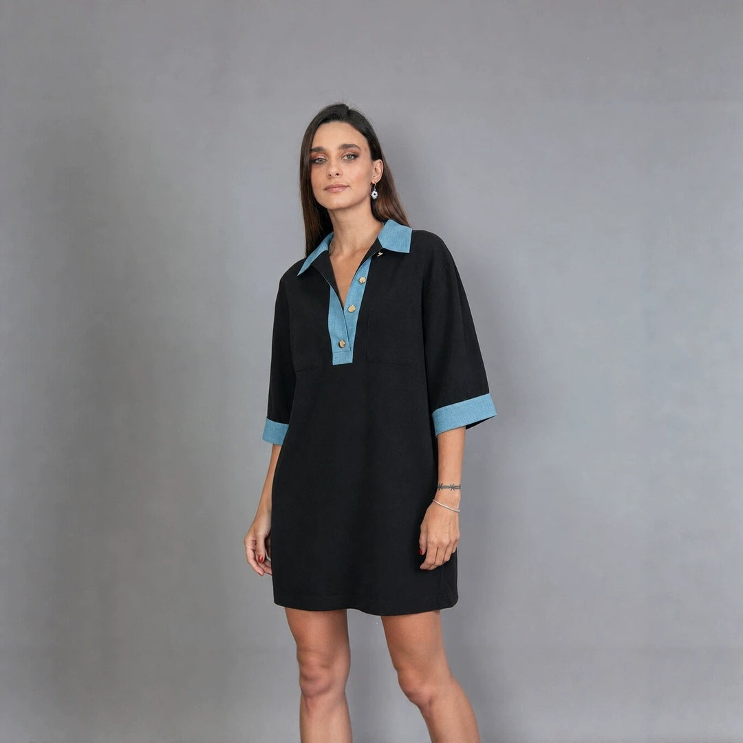 Damen oversized Polo-Tunika mit Kontrastkragen und aufgesetzten Brusttaschen Drune