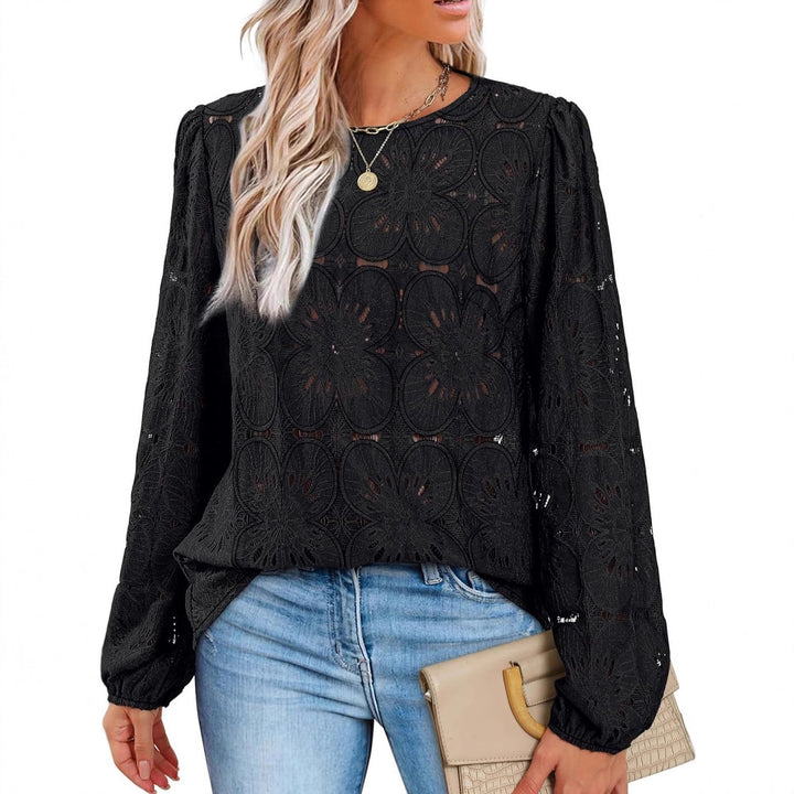 Damen Spitzenbluse mit floraler Häkelstickerei, Rundhals und langen Ballonärmeln Drune