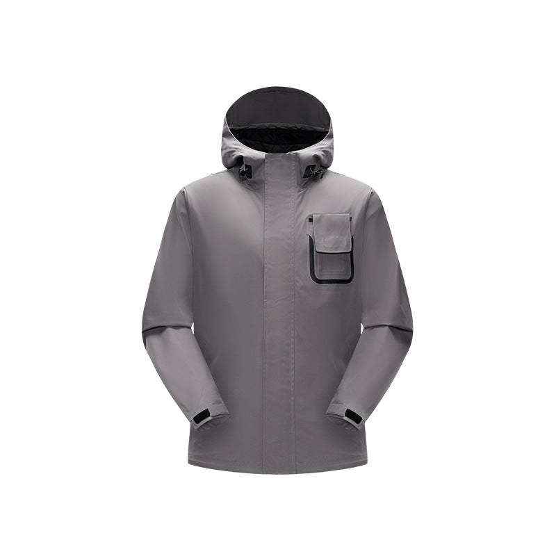 Herren wasserdichte Utility‑Outdoorjacke mit verdeckter Front, Kapuze und funktionaler Brusttasche Drune