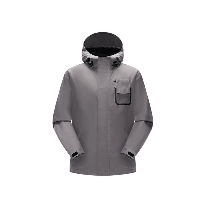 Herren wasserdichte Utility‑Outdoorjacke mit verdeckter Front, Kapuze und funktionaler Brusttasche Drune