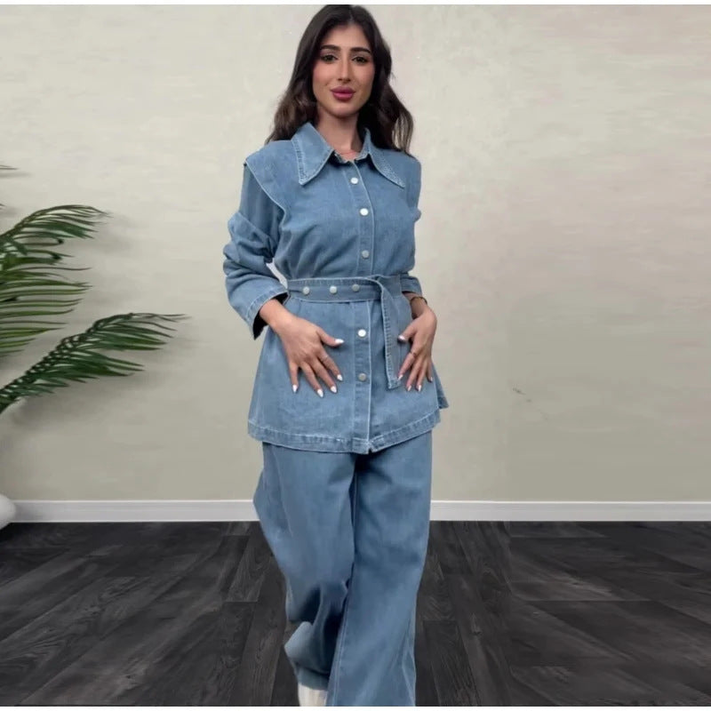 Damen modischer Jeansmantel mit tailliertem Gürtel Drune