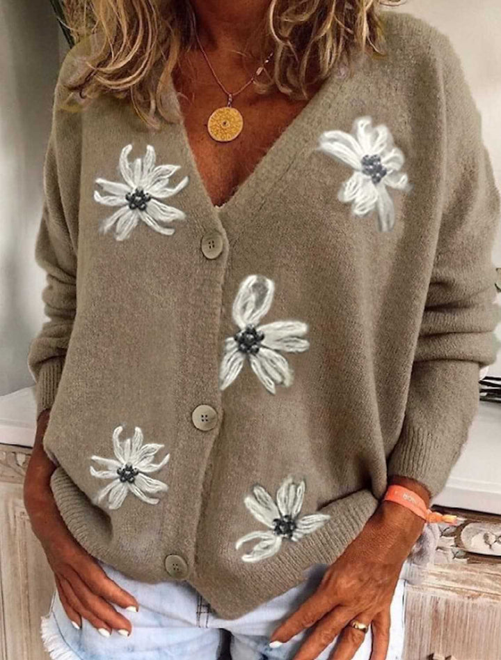Damen Strickjacke mit floralen Applikationen und knöpfigem Verschluss Drune