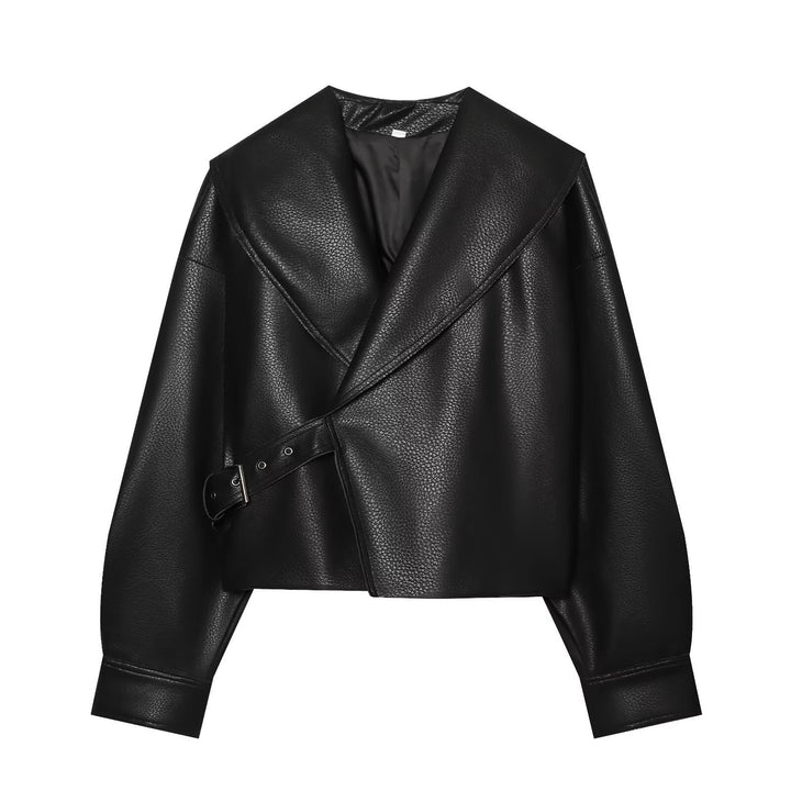 Damen Cropped Lederoptik-Blouson mit übergroßem Schalkragen und asymmetrischem Taillengürtel Drune
