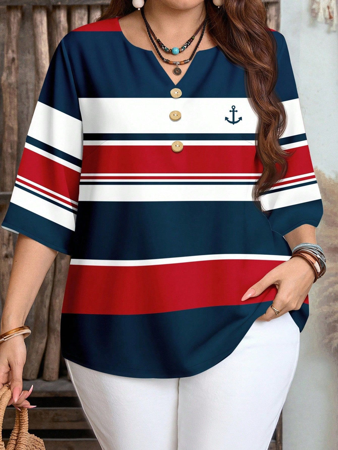 Damen lässiges Marine-Look Oberteil mit Knopfleiste Drune