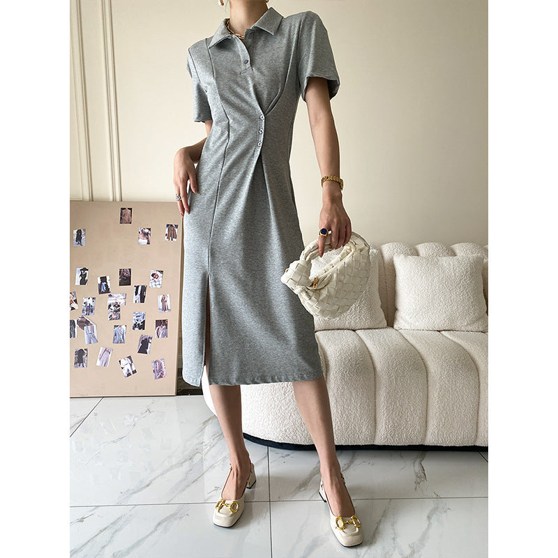 Damen lässiges Polokleid mit Knopfdetails und asymmetrischem Saum Drune