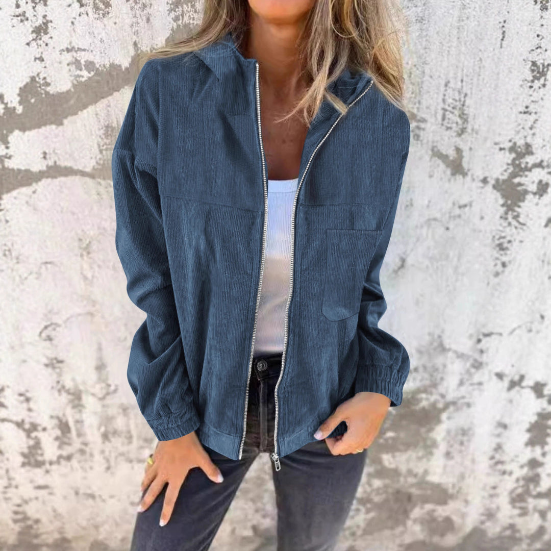 Damen Casual Cord-Hoodiejacke mit feiner Kordsamtstruktur, durchgehendem Reißverschluss und elastischem Saum Drune