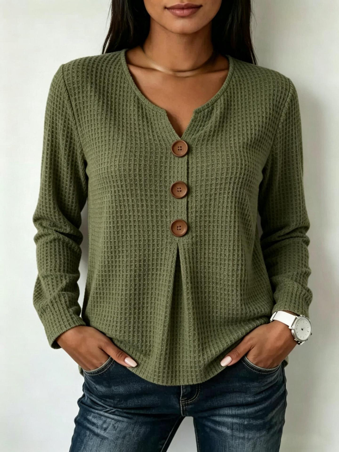 Damen Modisches Langarmshirt mit Knopfdetails Drune