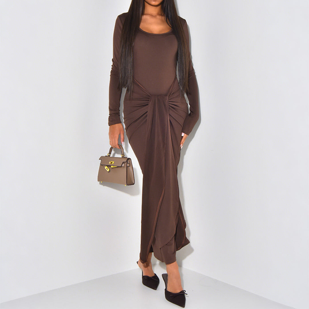Damen nan gerafftes Maxikleid mit Knotenfront, figurbetonter Silhouette und seitlichem Schlitz Drune