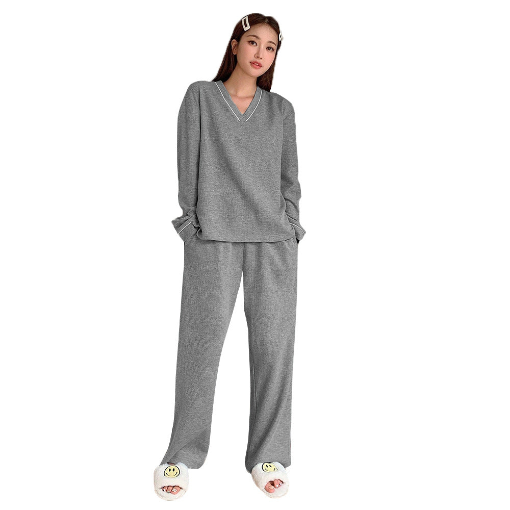 Damen gemütliches V-Neck Lounge-Set mit weitem Palazzohose-Schnitt aus weichem Jersey Drune