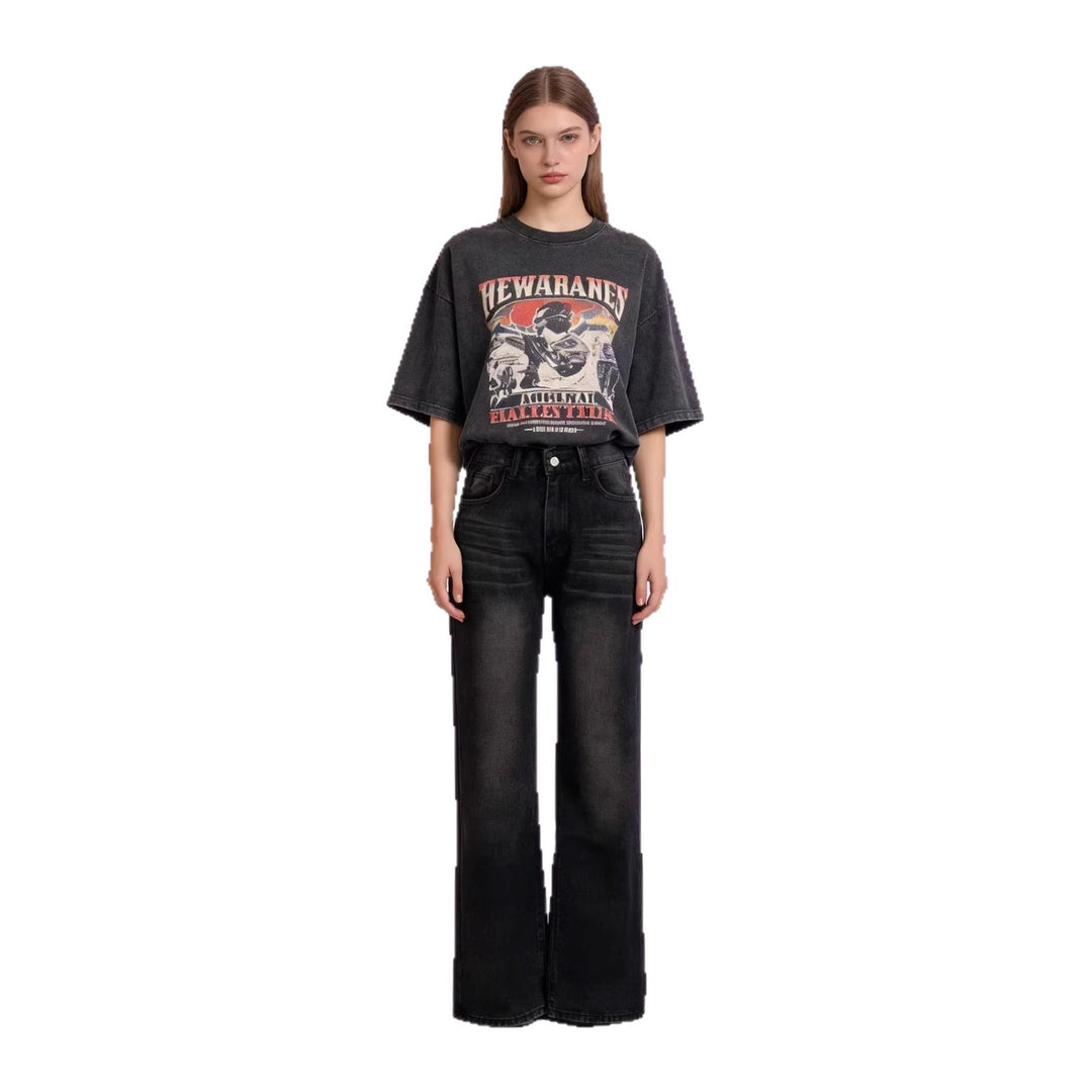 Damen nan hochgeschnittene Jeans mit schmaler Hüftpassform und weitem Schlag im Retro-Stil Drune