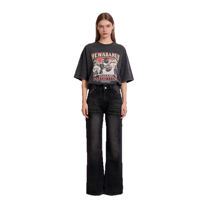 Damen nan hochgeschnittene Jeans mit schmaler Hüftpassform und weitem Schlag im Retro-Stil Drune