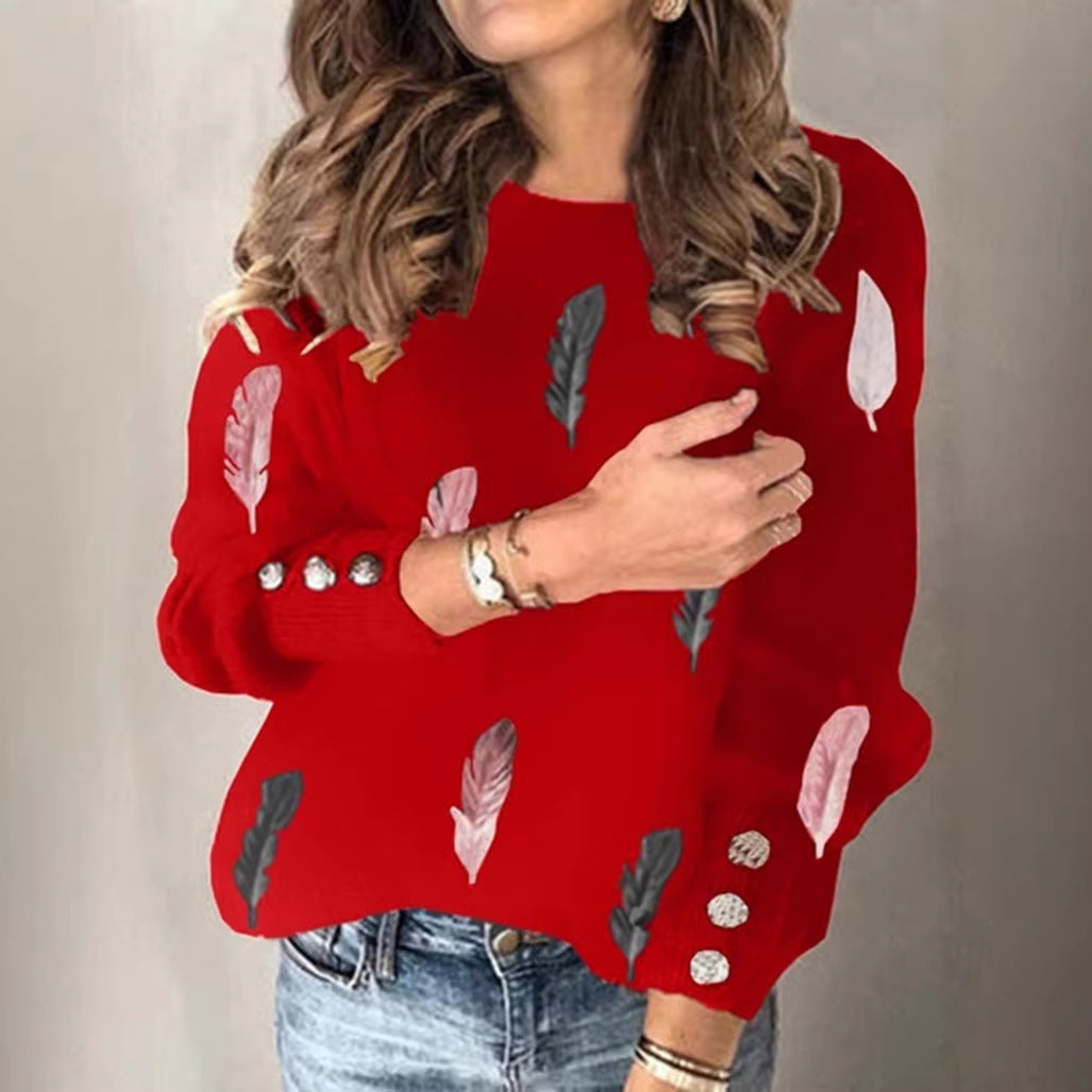 Damen Feinstrickpullover mit Federmotiv, Rundhalsausschnitt und dekorativer Knopfleiste Drune