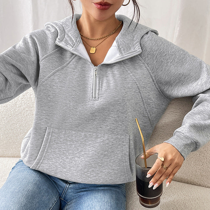 Damen Kurzgeschnittener Kapuzenpullover mit halbem Reißverschluss, Teddy-Futter und Kängurutasche Drune
