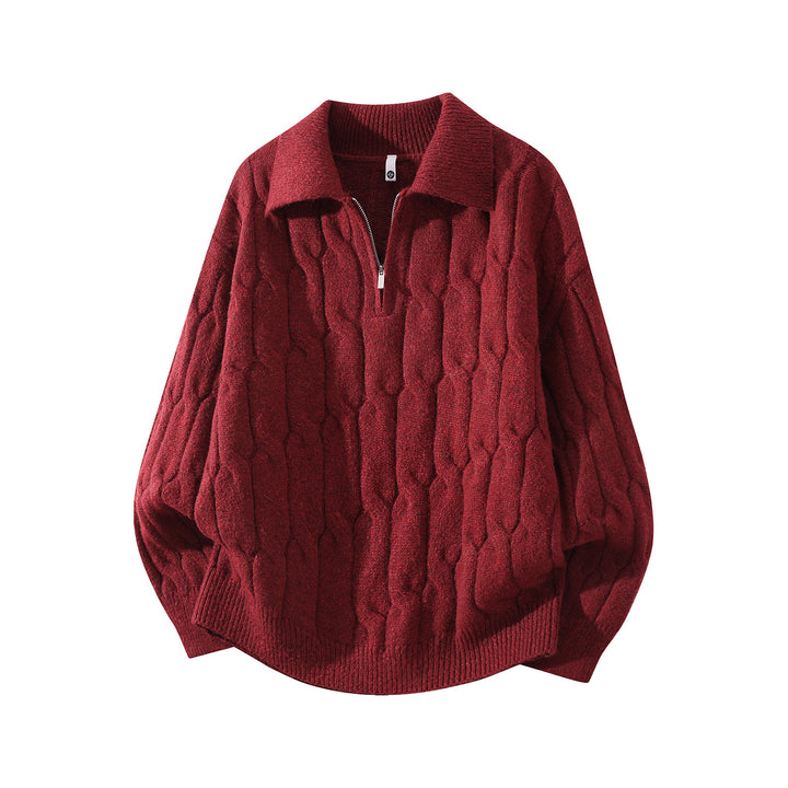 Unisex Oversize Zopfstrickpullover mit Halbreißverschluss und Hemdkragen Drune