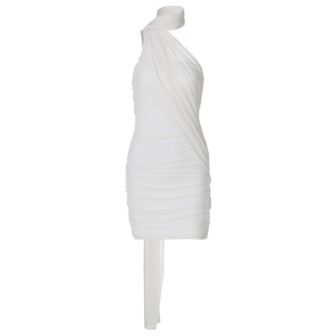 Damen elegantes Minikleid aus leichtem, drapiertem Stoff mit asymmetrischem Ausschnitt Drune
