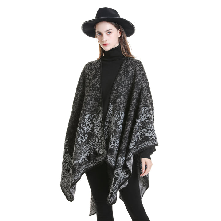 Damen Strickponcho im Ethno-Jacquard mit offenem Fall Drune