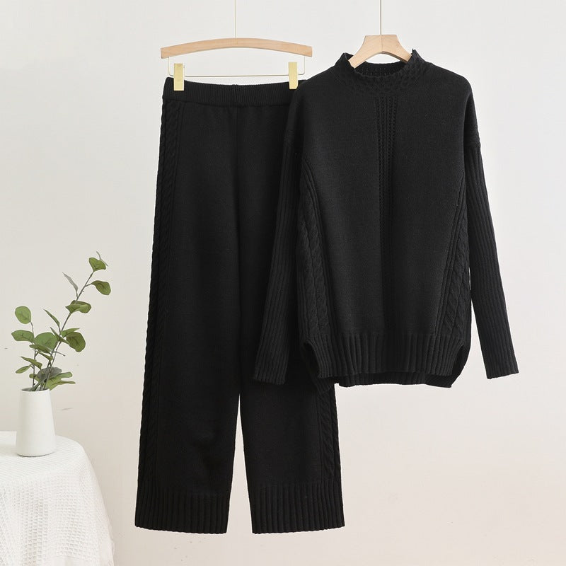 Damen komfortables Strick-Loungewear-Set mit hohen Bündchen und dekorativen Zopfmustern Drune