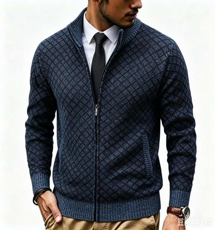 Herren Strukturierte Strickjacke mit Stehkragen und Diamant-Jacquard Drune