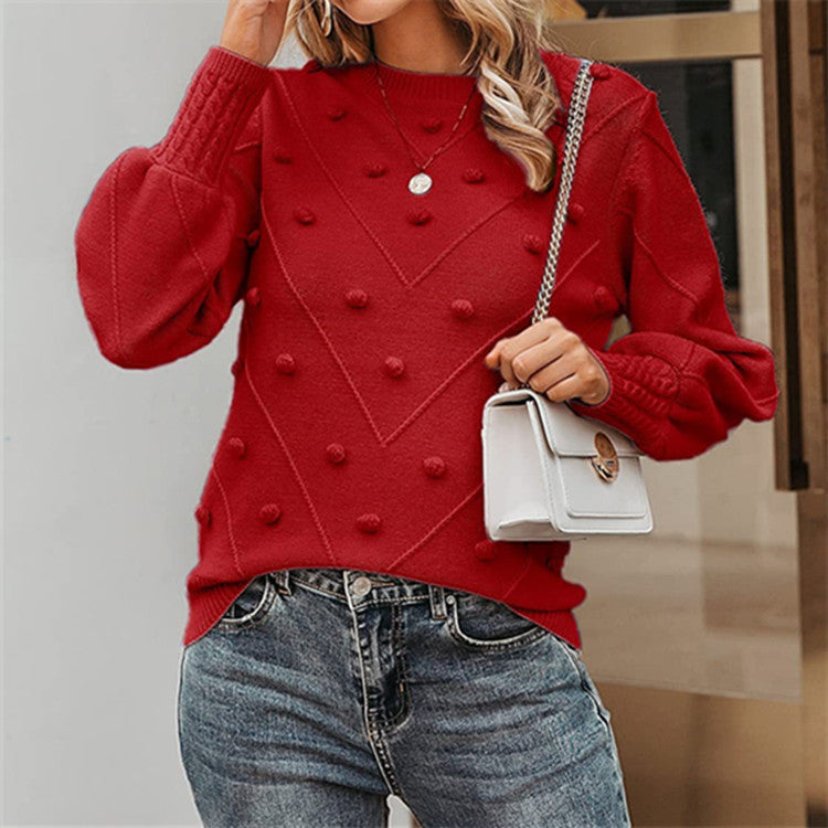 Damen nan gerippter Bobble-Pullover mit Ballonärmeln und Rundhalsausschnitt Drune