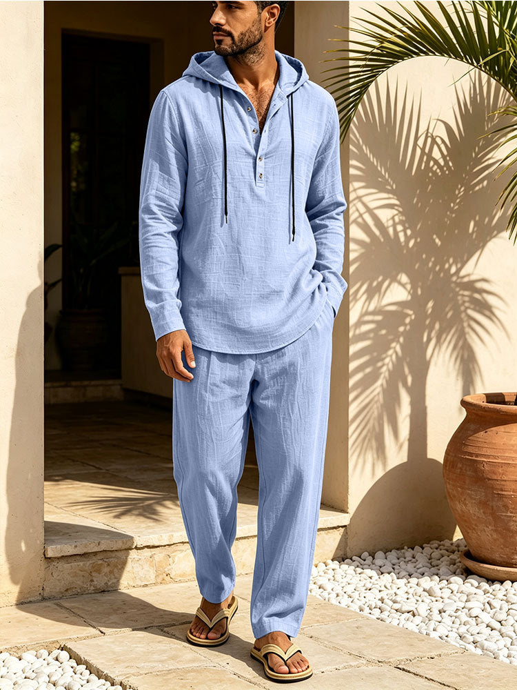 Herren Lässiges Leinen-Look Freizeit-Set mit Kapuzenhemd und weiten Hosen Drune