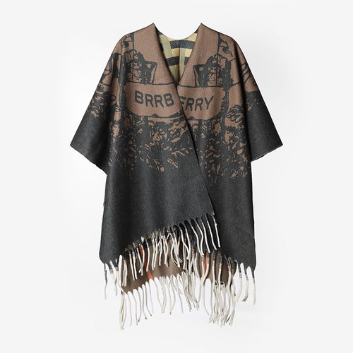 Damen Fransen‑Capeponcho aus Wollmischung mit Jacquard‑Logomotiv und offenem Oversize‑Fall Drune