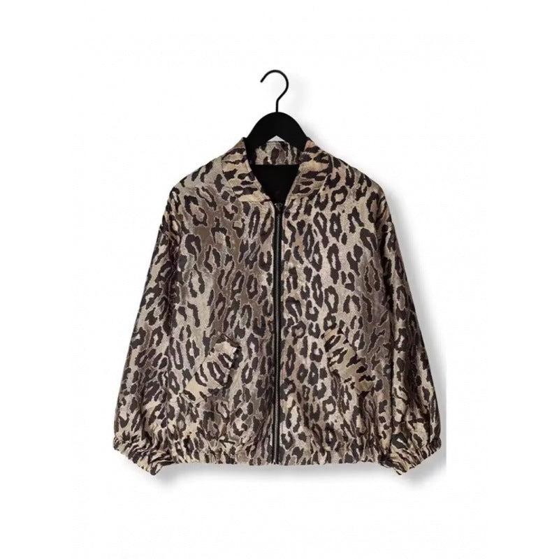 Damen modische Bomberjacke mit Leopardenmuster und elastischen Bündchen Drune