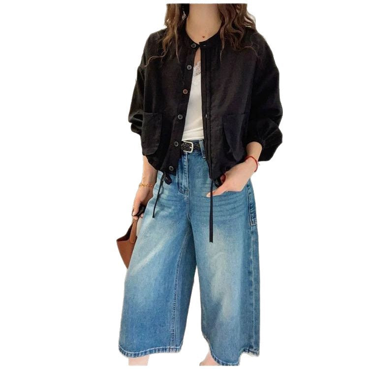 Damen lässige kurzärmelige Jacke mit Taschen und Kordelzug Drune