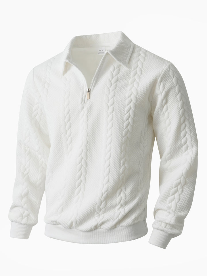 Herren nan Halbzip-Pullover mit Kentkragen, Zopfstrickstruktur und geripptem Saum Drune