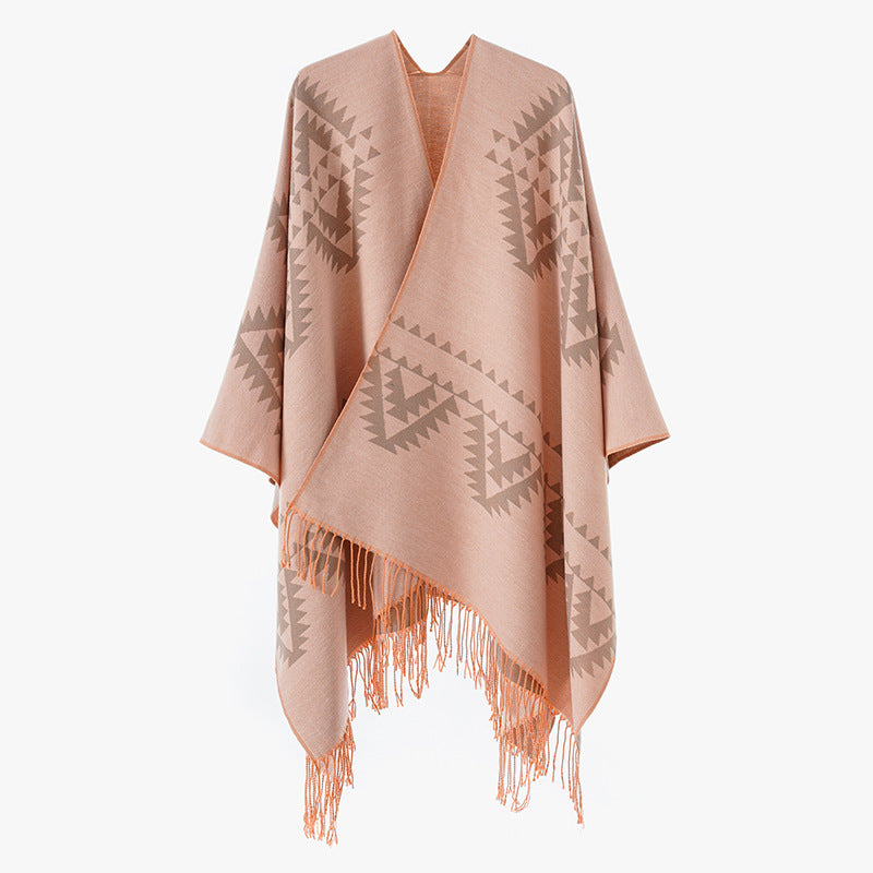 Damen Grobgewebter Jacquard-Umhang im Oversize mit Zipfelsaum und Fransensaum Drune