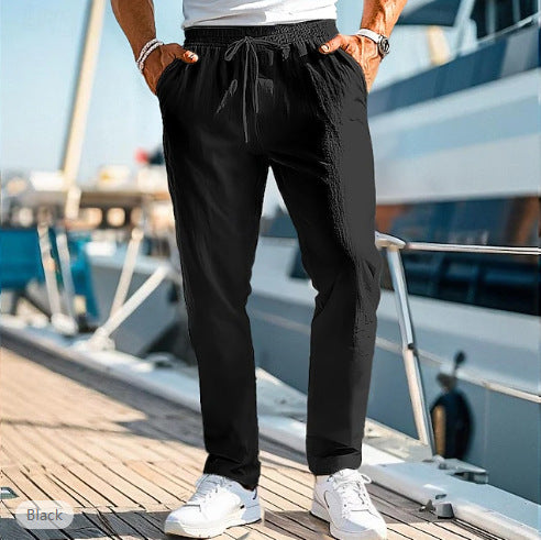 Herren lässige Leinenmisch-Joggerhose mit Kordelzug, angeschrägten Eingrifftaschen und schmalem Knöchelabschluss Drune
