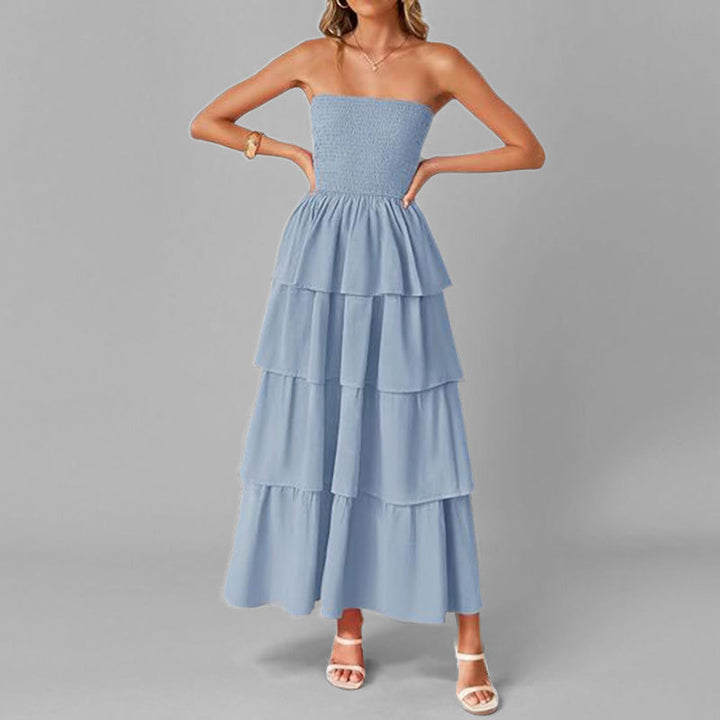 Damen Maxikleid mit schulterfreiem Design und voluminösem Stufenrock Drune