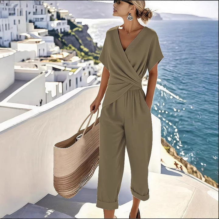 Damen Eleganter Jumpsuit mit Wickeloptik und breiten Beinen Drune