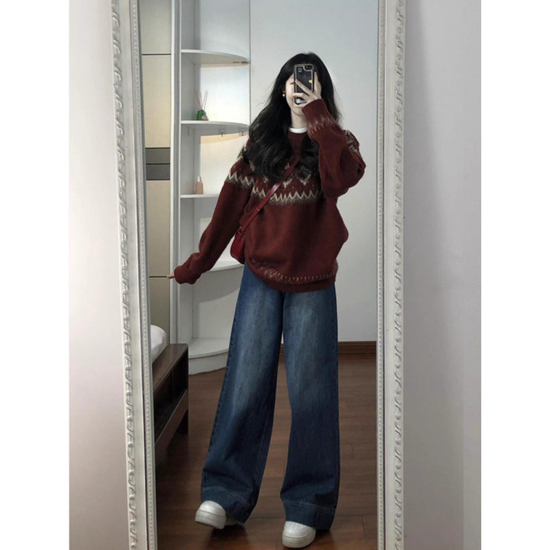 Damen Modischer Pullover mit traditionellem Muster Drune